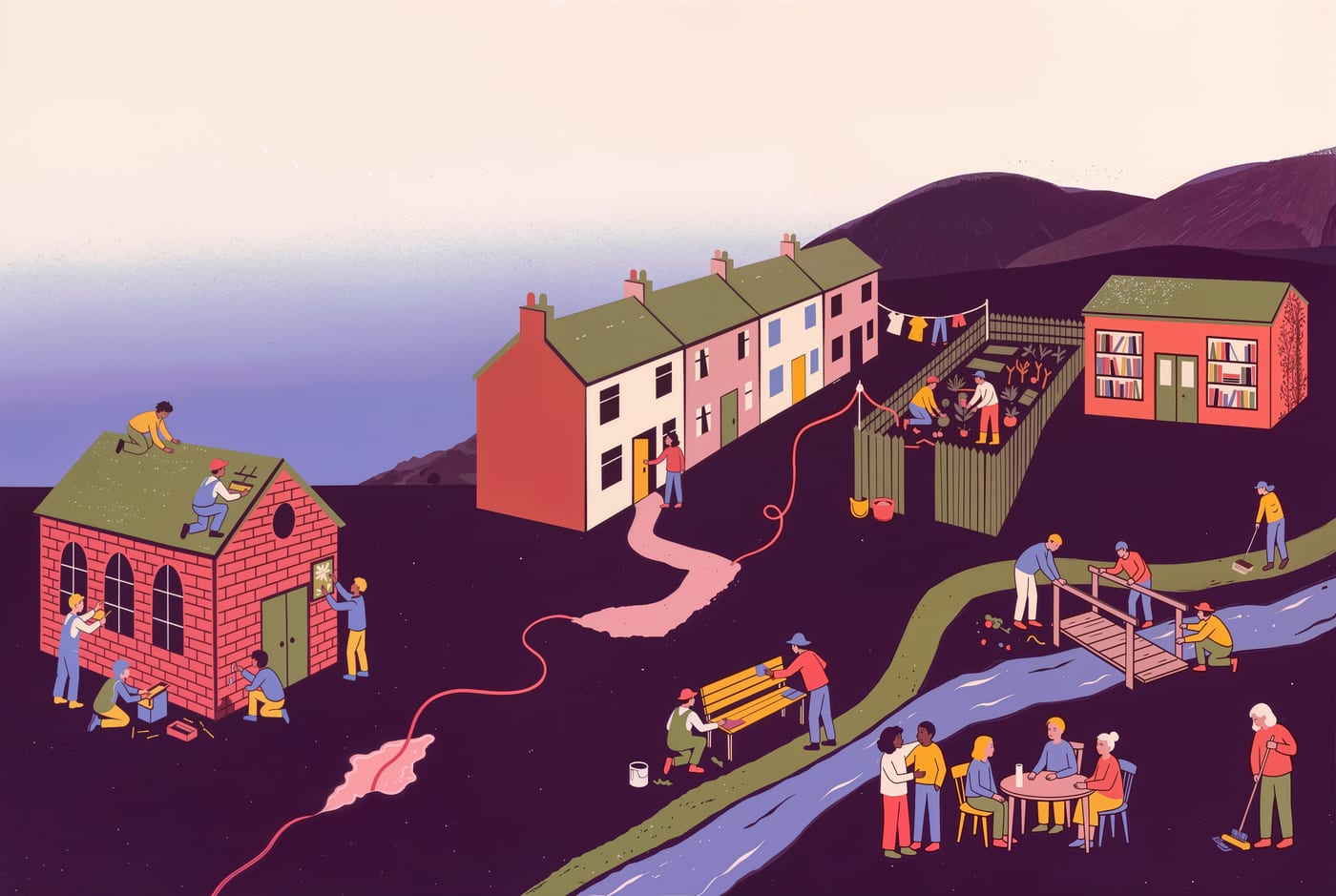 A screenprint of a British neighbourhood at dusk. People mend the roof of a brick community hall, repaint a bench, tend an allotment, fix a footbridge over a stream and talk around a table. A coral thread is stitched across a tear in the dark ground and runs on through the scene as a path and a washing line.