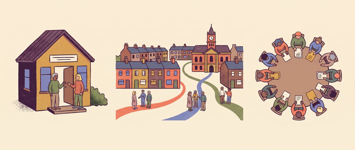 Three scenes in a row: a community centre with its door open, a town with paths joining its buildings, and a national round table of practitioners.