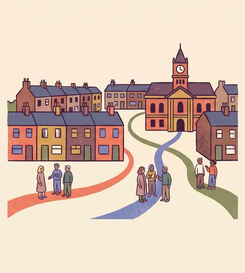 A town with coloured paths joining its terraces and town hall, people meeting along them.
