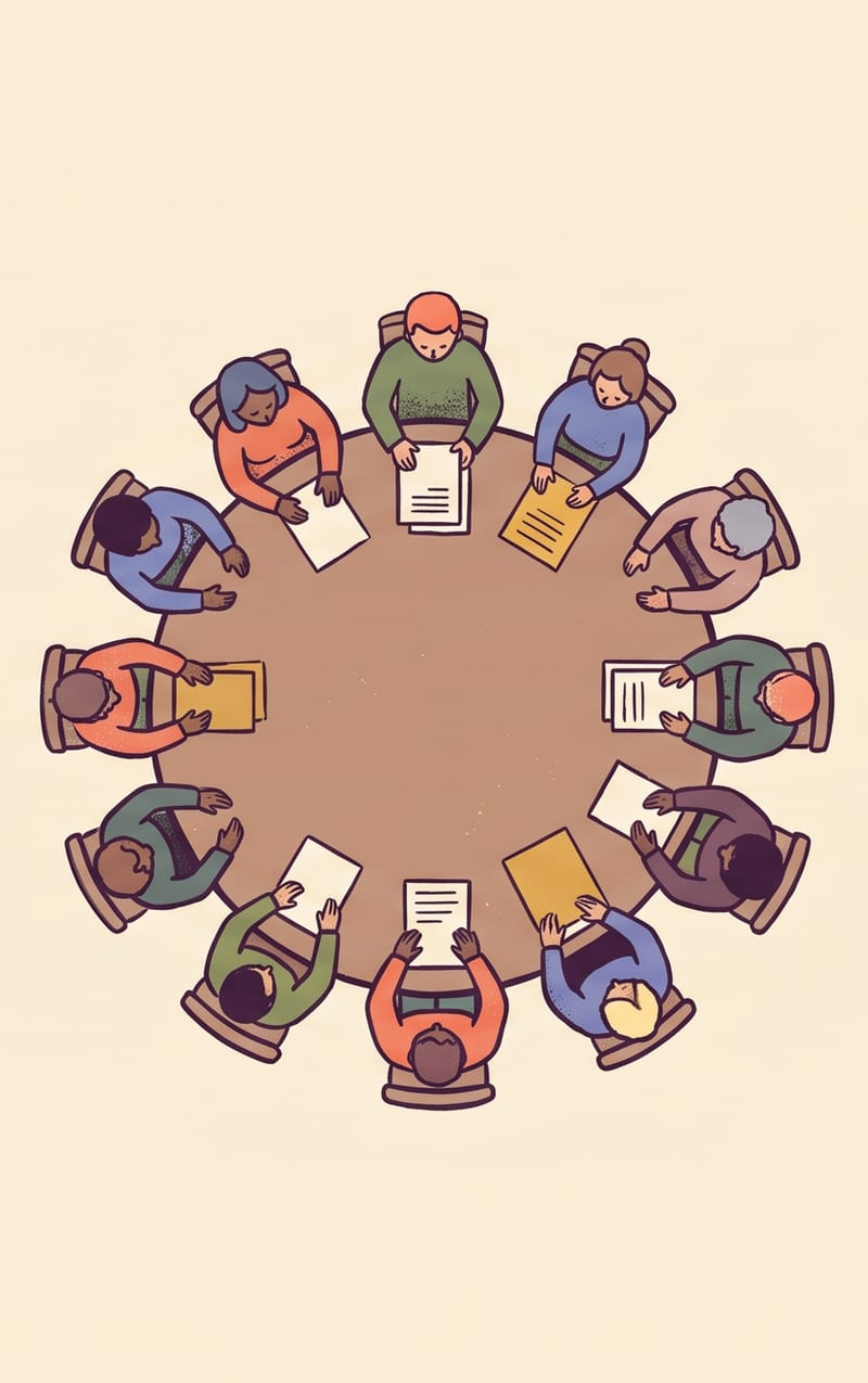 A national round table of practitioners with papers in front of them.