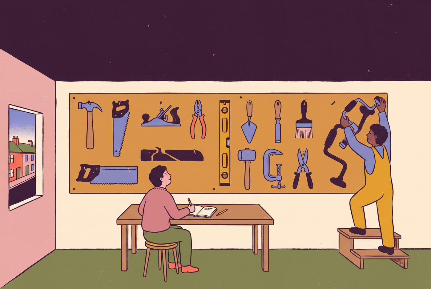 A workshop wall: a pegboard of tools with painted outlines, a person at the bench below with a notebook, a second person on a step hanging a tool in its place.