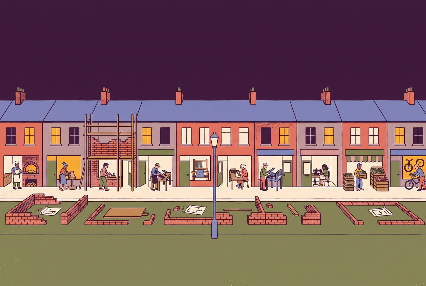 A terrace of small workshops and shopfronts at dusk, one person at work in each, some finished and lit, some under scaffolding, two only marked-out foundations.