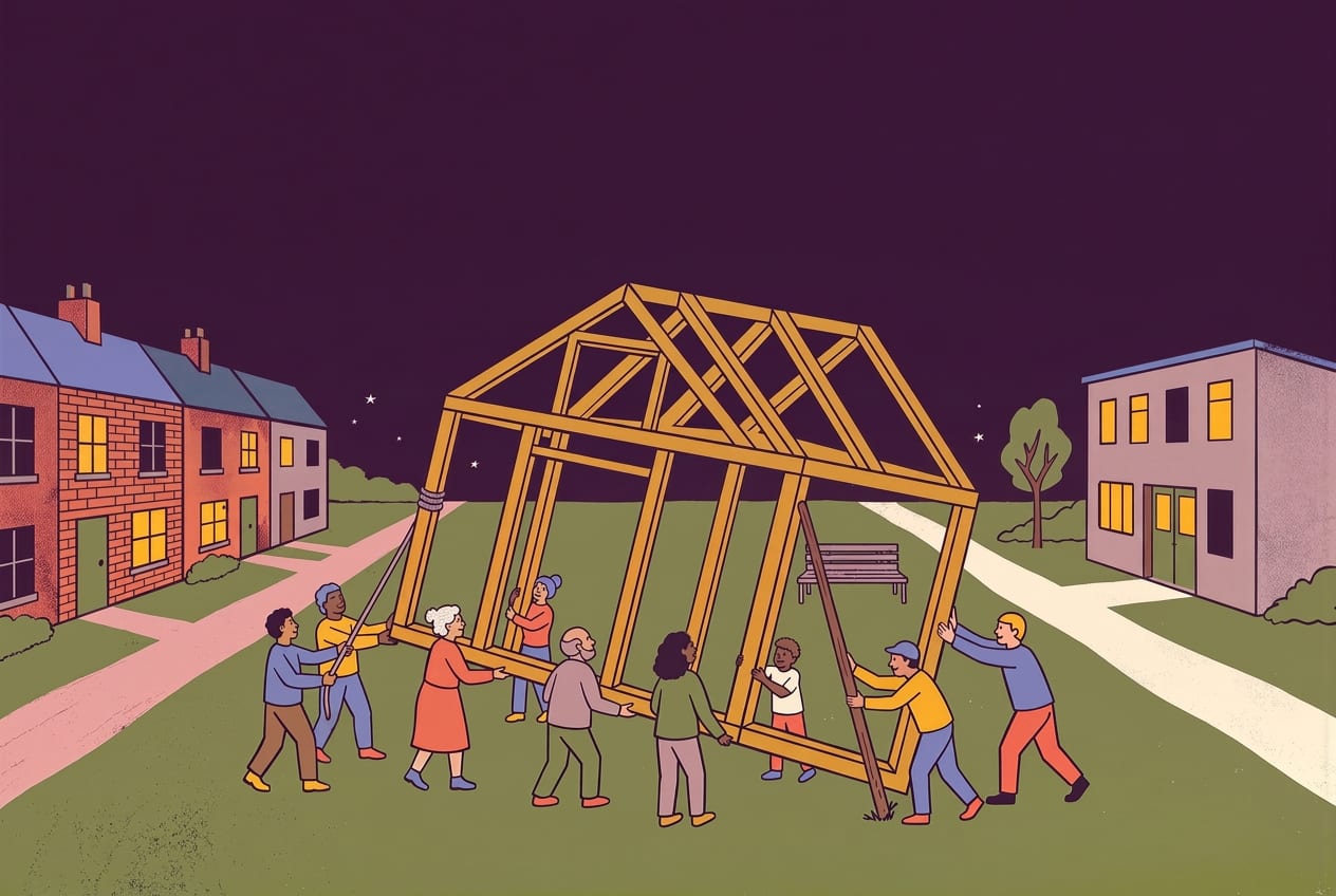 Neighbours on a village green at night raising the timber frame of a new hall together with ropes and props, houses on one side and a public building on the other.