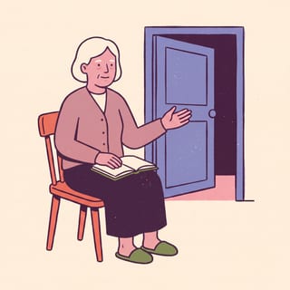 A woman in her seventies sitting on a kitchen chair with an open notebook, one hand gesturing towards an open door.