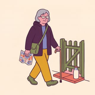 A woman in her sixties with a walking cane and a folded street map, walking past a garden gate with a milk bottle on the step.