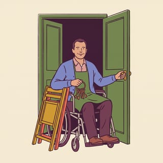 A man in his forties in a wheelchair in an open double doorway, keys in one hand, folding chairs beside him.