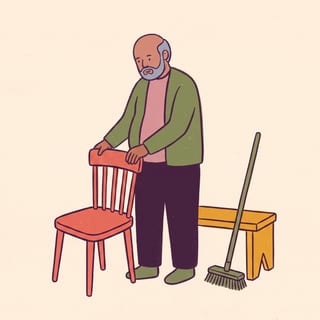 A South Asian man in his fifties straightening a chair beside a bench, a broom leaning nearby.