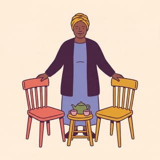 A tall Black woman in her fifties in a headwrap standing between two facing chairs, a pot of tea and two cups on a stool.