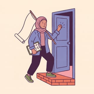 A young woman in a hijab on a doorstep about to knock, a clipboard under one arm and a rolled banner on her shoulder.