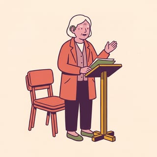 An East Asian woman in her seventies with a hearing aid speaking at a lectern, a folder to hand.