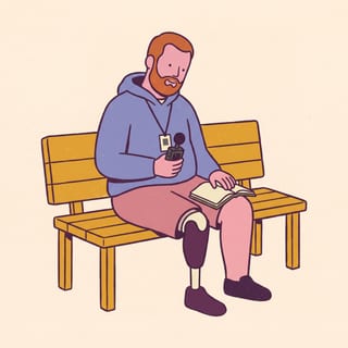 A stocky man in his thirties with a prosthetic leg sitting on a bench with a recorder and an open notebook.