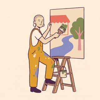 A tall young person with a shaved head and hoop earrings on a stepladder, painting a mural of a roofline, a river and a tree.
