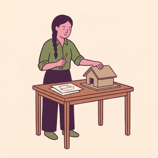 An East Asian woman in her forties at a table, placing the roof on a cardboard model of a hall.