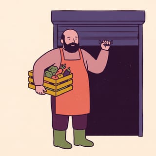 A broad bearded man in an apron raising a shop shutter with a crate of vegetables on his hip.