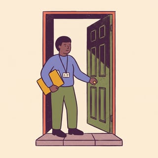A Black man holding open the door of a public building, a folder under one arm.