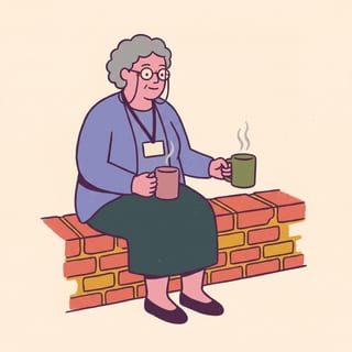 A heavy-set woman in her fifties with a lanyard sitting on a low wall, holding out one of two mugs of tea.