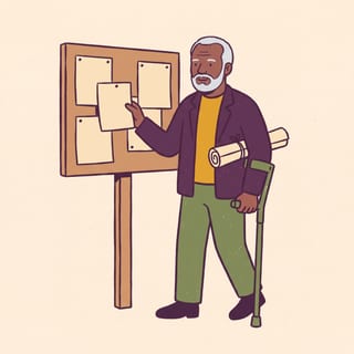 A Black man in his sixties with a forearm crutch beside a noticeboard, a rolled plan under his arm.